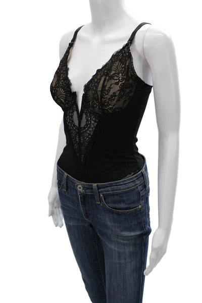Popilush Womens Black Floral V-Neck Sleeveless One Piece Bodysuit Size M