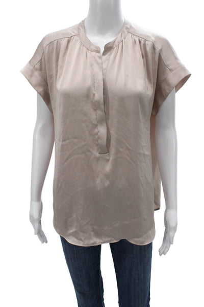 R Label Womens Basic Henley Blouse Beige Button Polyester Short Sleeve Size S