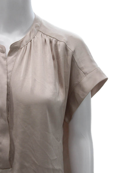 R Label Womens Basic Henley Blouse Beige Button Polyester Short Sleeve Size S