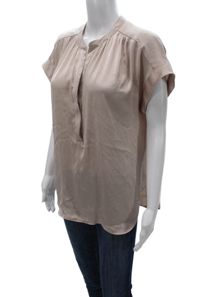 R Label Womens Basic Henley Blouse Beige Button Polyester Short Sleeve Size S