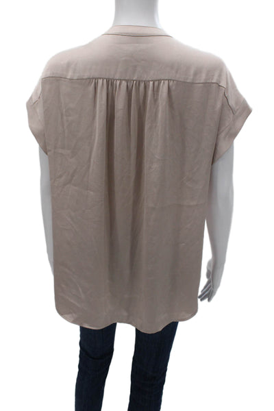 R Label Womens Basic Henley Blouse Beige Button Polyester Short Sleeve Size S