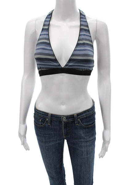 Athleta Womens Deep V Neck Striped Stretch Knit Sports Bra Blue Black Size Small
