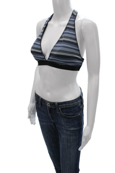 Athleta Womens Deep V Neck Striped Stretch Knit Sports Bra Blue Black Size Small