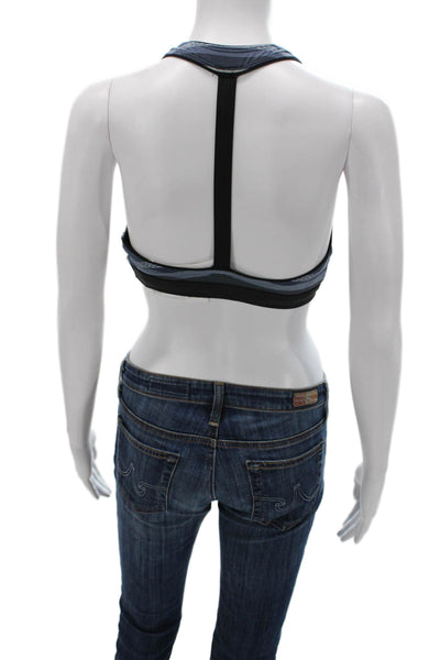 Athleta Womens Deep V Neck Striped Stretch Knit Sports Bra Blue Black Size Small