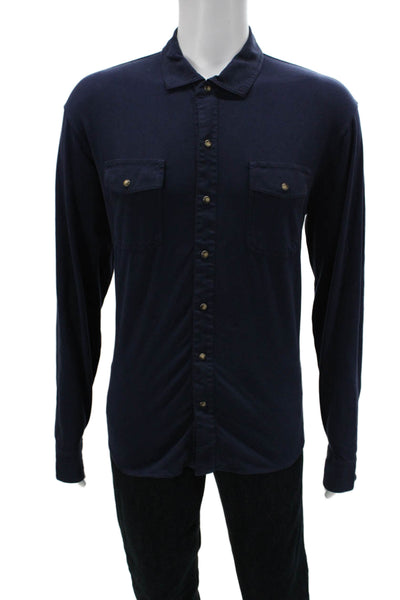 Peter Millar Mens Long Sleeves Button Down Shirt Navy Blue Cotton Size Large