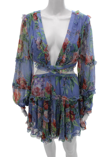 Zimmermann Womens Mini Dress Blue Silk Floral V-Neck Long Sleeve Lace-Up Size 2