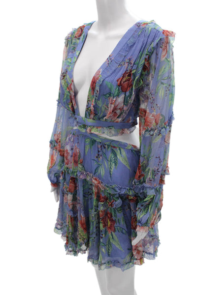 Zimmermann Womens Mini Dress Blue Silk Floral V-Neck Long Sleeve Lace-Up Size 2