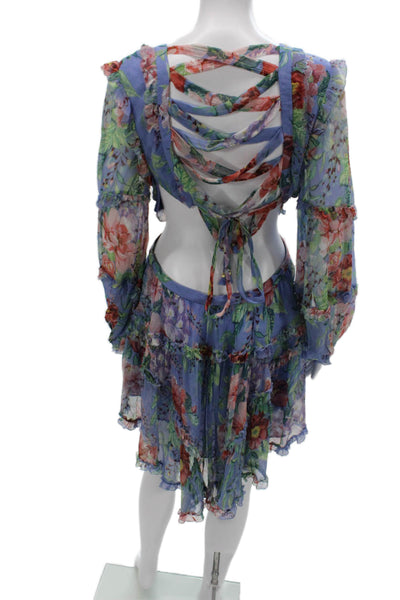 Zimmermann Womens Mini Dress Blue Silk Floral V-Neck Long Sleeve Lace-Up Size 2