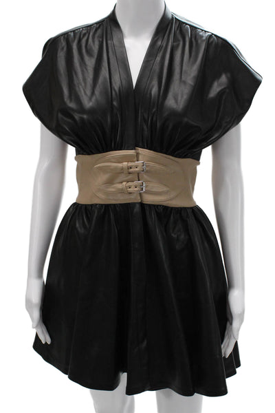 Alexis Womens Mini V-Neck Black Short Sleeve Dress Buckle Size S