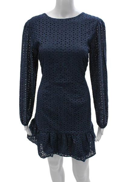 Never A Wallflower Womens Blue Eyelet Cotton Long Sleeve Knee Dress Size S