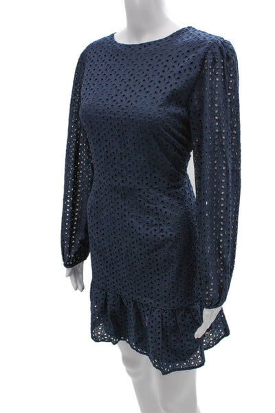 Never A Wallflower Womens Blue Eyelet Cotton Long Sleeve Knee Dress Size S