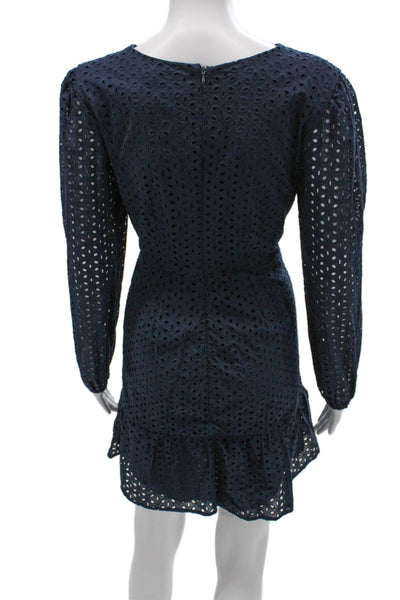 Never A Wallflower Womens Blue Eyelet Cotton Long Sleeve Knee Dress Size S