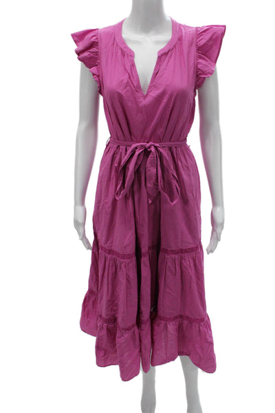 Xirena Women Fit & Flare Dress Purple V Neck Short Sleeve Cotton Maxi Size S