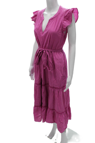 Xirena Women Fit & Flare Dress Purple V Neck Short Sleeve Cotton Maxi Size S