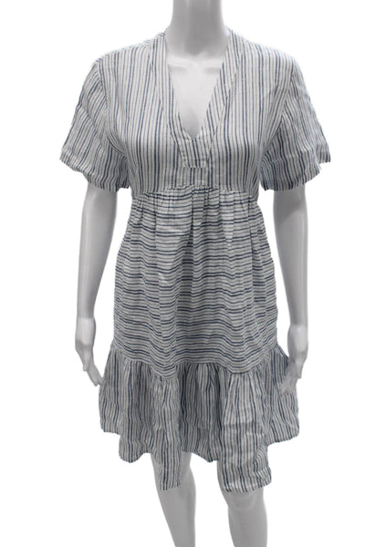 9 Seed Women Blue Striped V-Neck Short Sleeve Sundress Knee Length Size S