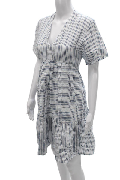 9 Seed Women Blue Striped V-Neck Short Sleeve Sundress Knee Length Size S