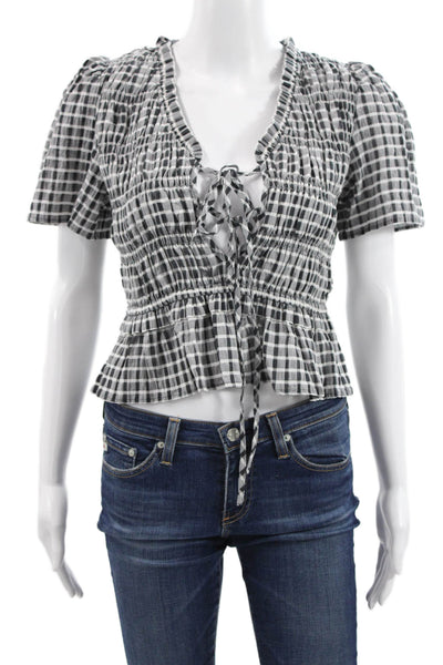 Rails Women Cropped Black Cotton VNeck Check Lace Up Short Sleeve Blouse Size S
