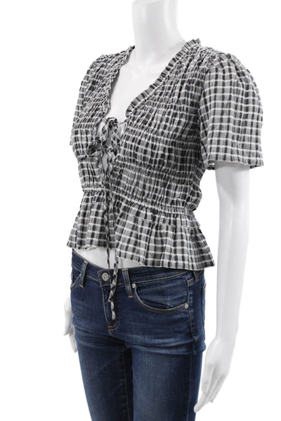 Rails Women Cropped Black Cotton VNeck Check Lace Up Short Sleeve Blouse Size S