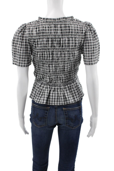 Rails Women Cropped Black Cotton VNeck Check Lace Up Short Sleeve Blouse Size S