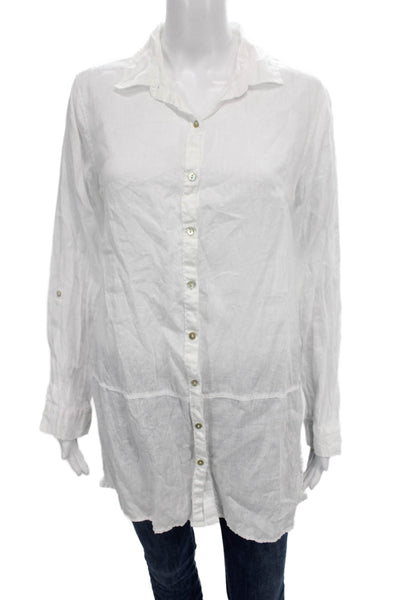 Tahari Womens White Collared Linen Tunic Long Sleeve Button Up Size S