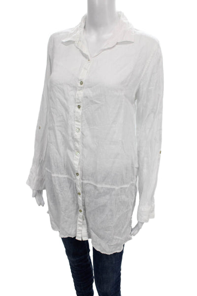 Tahari Womens White Collared Linen Tunic Long Sleeve Button Up Size S