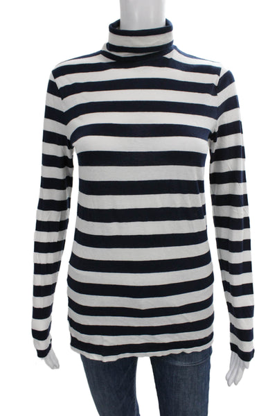 J Crew Women Blue Striped Cotton Turtleneck Long Sleeve T Shirt Size M