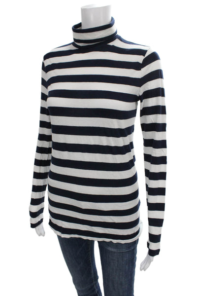 J Crew Women Blue Striped Cotton Turtleneck Long Sleeve T Shirt Size M