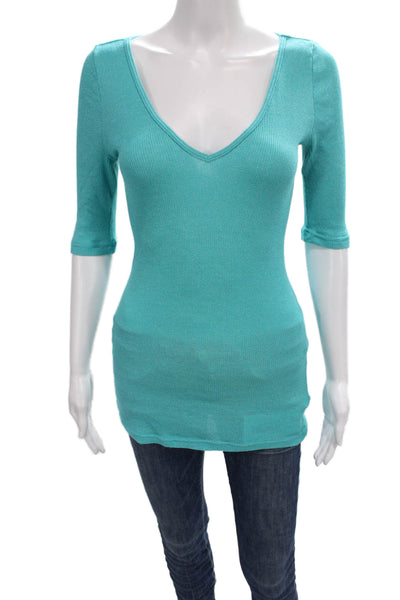 Michael Stars Women Tunic T-Shirt Blue V-Neck 3/4 Sleeve 100% American Size One
