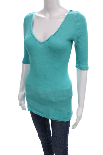 Michael Stars Women Tunic T-Shirt Blue V-Neck 3/4 Sleeve 100% American Size One