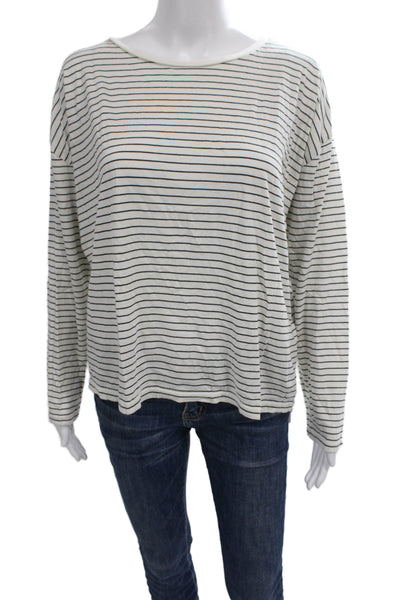 Vince Womens Striped Boat Neck Long Sleeve Pima Cotton T-Shirt White Size S