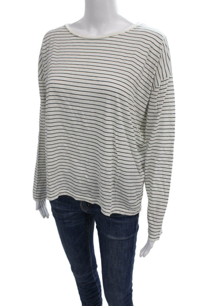 Vince Womens Striped Boat Neck Long Sleeve Pima Cotton T-Shirt White Size S
