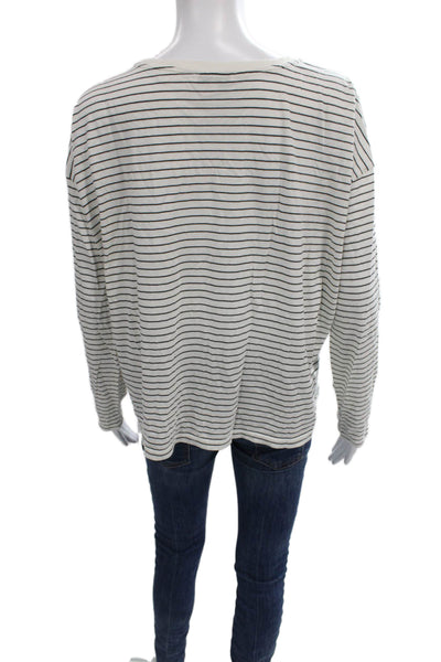 Vince Womens Striped Boat Neck Long Sleeve Pima Cotton T-Shirt White Size S