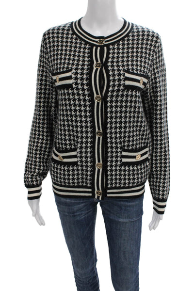 Kier + J Womens Black Houndstooth Cashmere Cardigan Long Sleeve Size S