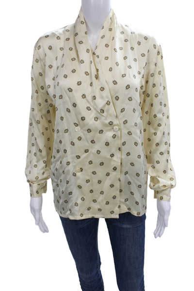 Christian Dior Women Ivory Silk V-Neck Basic Blouse Long Sleeve Button Size 4