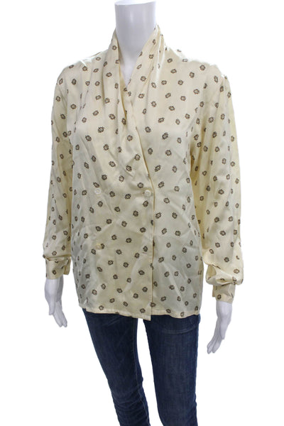 Christian Dior Women Ivory Silk V-Neck Basic Blouse Long Sleeve Button Size 4