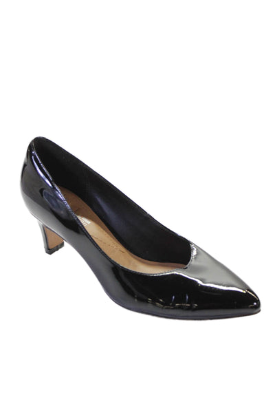 Clarks Womens Slip On Block Heel Pointed Toe Patent Leather Pumps Black Size 7
