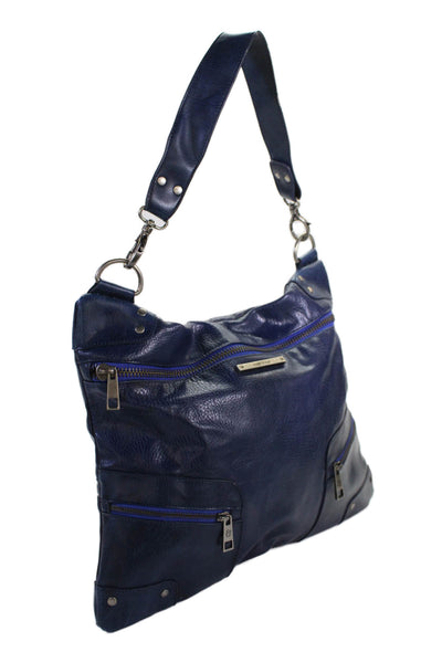 Matt & Nat Womens Single Strap Triple Pocket Front Leather Shoulder Handbag Blue