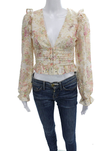 Line And Dot Women Cropped Blouse Ivory Floral V Neck Long Sleeve Size XS