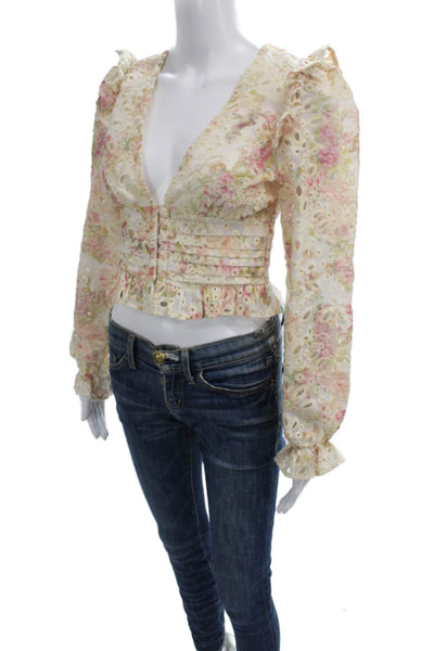 Line And Dot Women Cropped Blouse Ivory Floral V Neck Long Sleeve Size XS