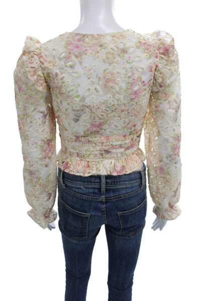 Line And Dot Women Cropped Blouse Ivory Floral V Neck Long Sleeve Size XS