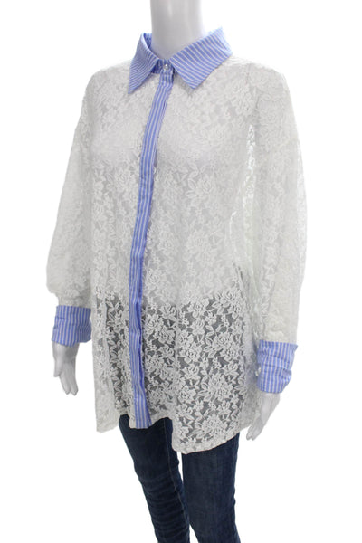 Lioness Women Tunic Button-Up White Floral Collared Long Sleeve Nylon Size S