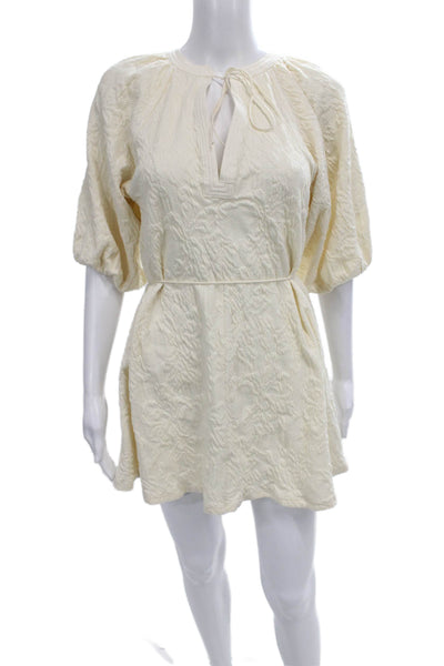 Zara Womens Mini Dress Ivory Cotton V Neck Short Sleeve Drawstring Size S