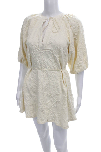 Zara Womens Mini Dress Ivory Cotton V Neck Short Sleeve Drawstring Size S