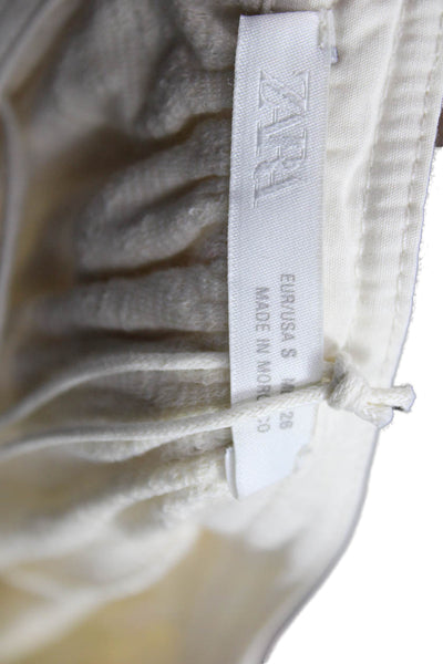 Zara Womens Mini Dress Ivory Cotton V Neck Short Sleeve Drawstring Size S