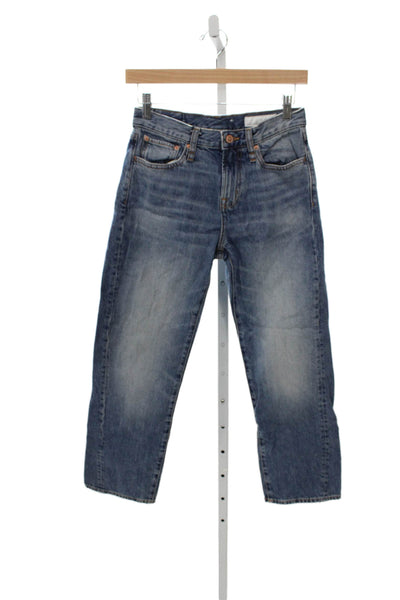 Zara Women Cropped Blue Jeans Button Fly Mid Rise 24in 100% Cotton Size 0