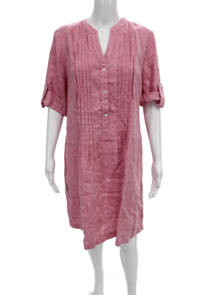 J Mclaughlin Women Shirt Dress Pink Linen V-Neck Half Sleeve Knee Length Size L