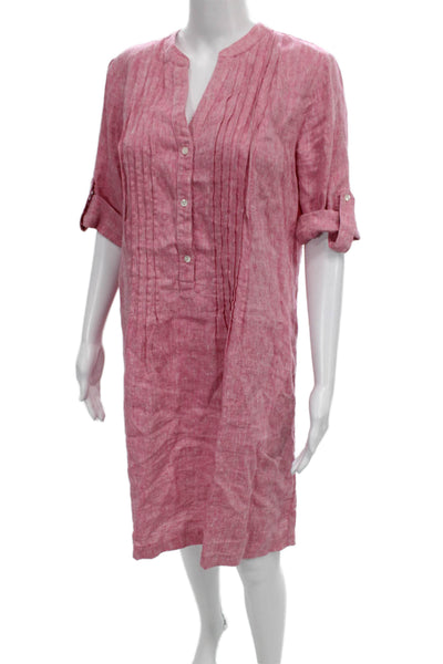 J Mclaughlin Women Shirt Dress Pink Linen V-Neck Half Sleeve Knee Length Size L