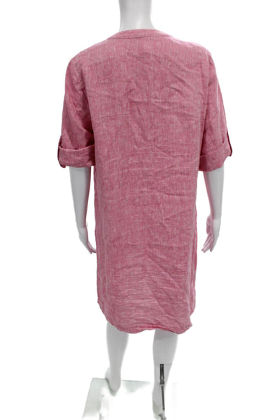 J Mclaughlin Women Shirt Dress Pink Linen V-Neck Half Sleeve Knee Length Size L