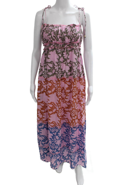 Hannah Womens Maxi Dress Pink Floral Square Neck Lace Up Boho Size 1