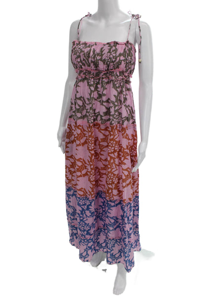 Hannah Womens Maxi Dress Pink Floral Square Neck Lace Up Boho Size 1